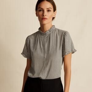 New with Tags T Tahari Black White Striped Button Down Ruffle Blouse S